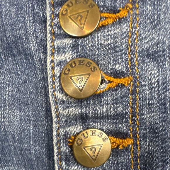 Retro Guess Jeans Denim Mini Skirt Button Front Frayed Hem 5 Pocket Size 28 - Picture 3 of 10
